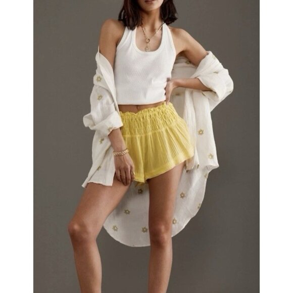 Anthropologie smocked gauze shorts XL yellow Pull On Cotton Elastic Waist NWT - Picture 4 of 14